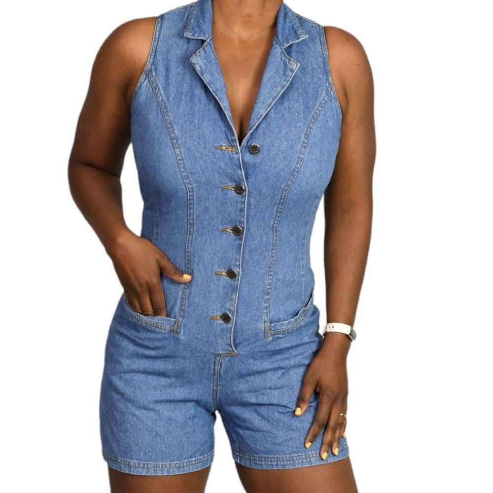Vintage Denim Romper Jeans Blue Playsuit Short Laced Corset Cutout 90s Size XS